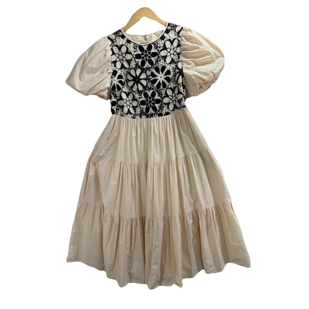 &merci Cream Tiered Puff Sleeve Midi Dress Black And White Crochet Bodice Sz Sm